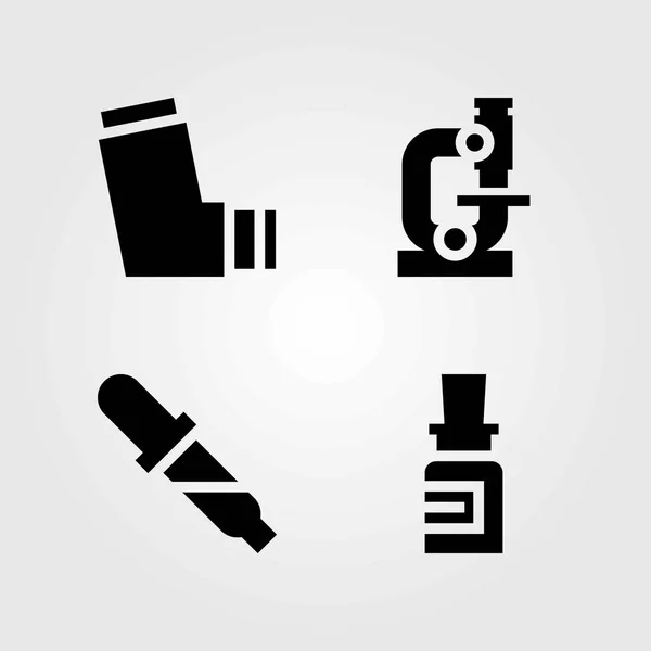 Conjunto de iconos vectoriales médicos. inhalador, pastillas y microscopio — Vector de stock