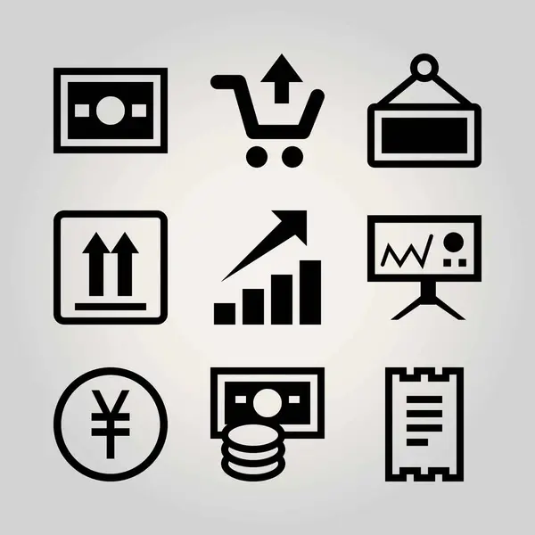 Conjunto de ícone de vetor de negócios. iene, sinal, apresentação e embalagem — Vetor de Stock