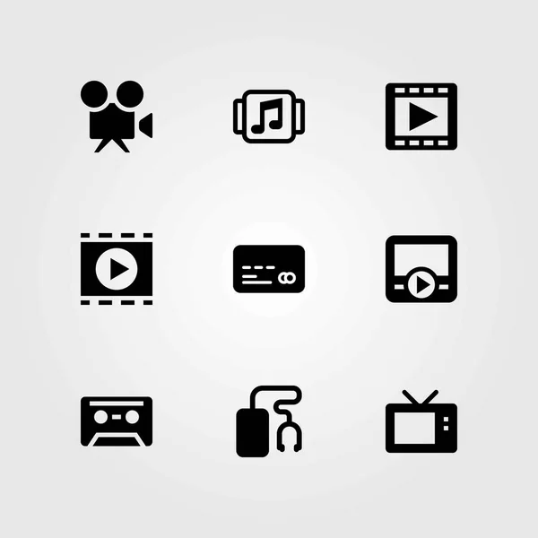 Conjunto de iconos vectoriales tecnológicos. cámara de vídeo, tarjeta de crédito y reproductor de música — Archivo Imágenes Vectoriales