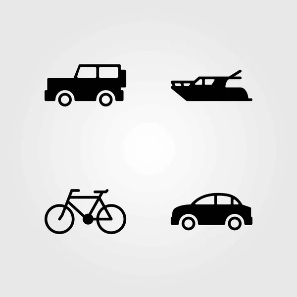 Conjunto de ícones vetoriais de transporte. yatch, bicicleta e carro —  Vetores de Stock