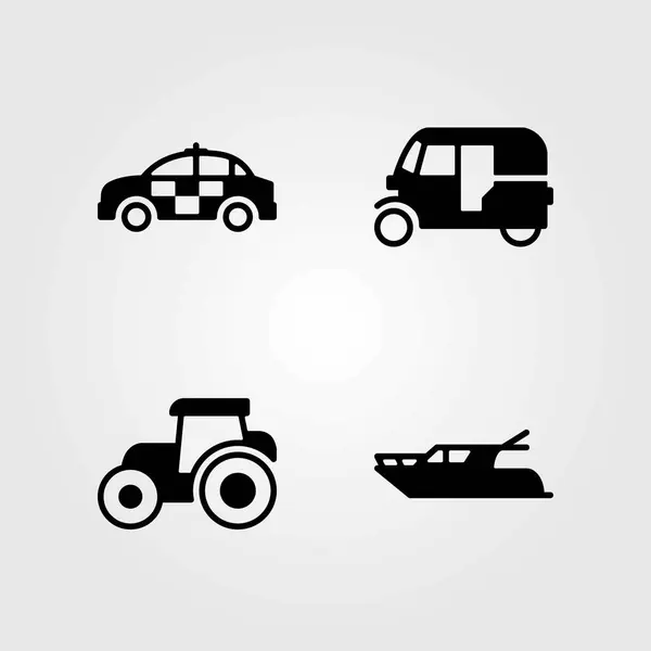 Conjunto de iconos vectoriales de transporte. coche de policía, tuk tuk y coche — Archivo Imágenes Vectoriales