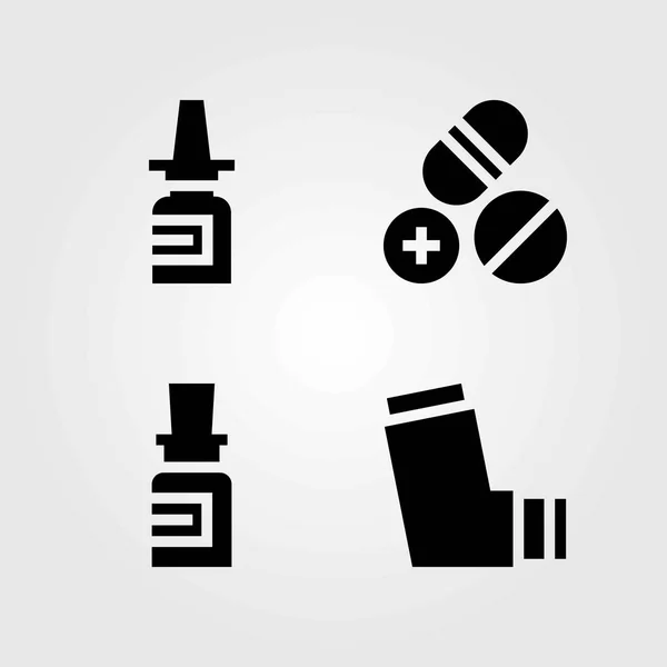 Medizinische Vektorsymbole gesetzt. Nasenspray, Medikamente und Tabletten — Stockvektor