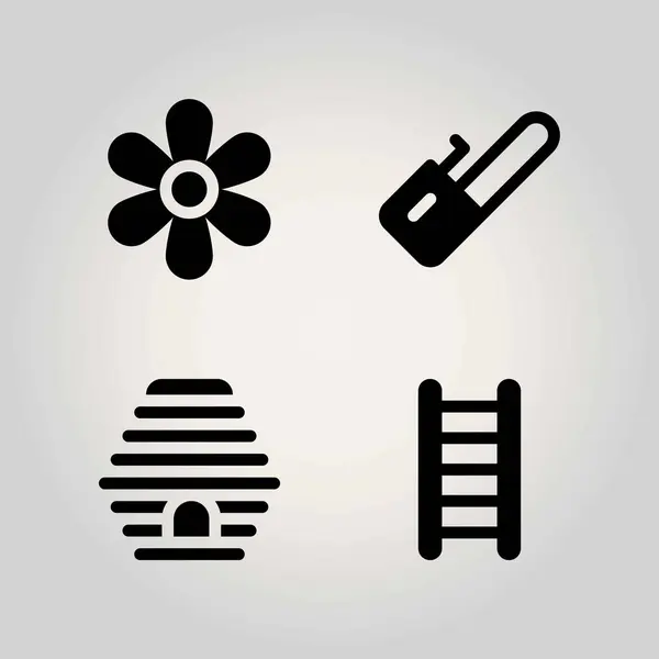 Conjunto de ícones vetoriais Farm. colmeia, girassol, escada e motosserra — Vetor de Stock