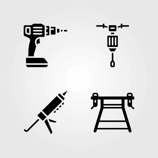 Tools vector icons set. work brench, jackhammer and drill — Stock Vector