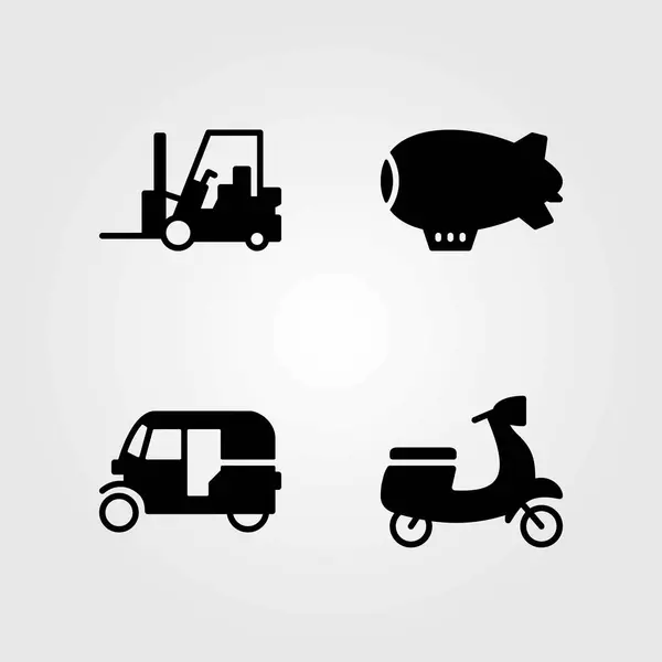 Ensemble d'icônes vectorielles de transport. chariot élévateur, tuk tuk et zeppelin — Image vectorielle