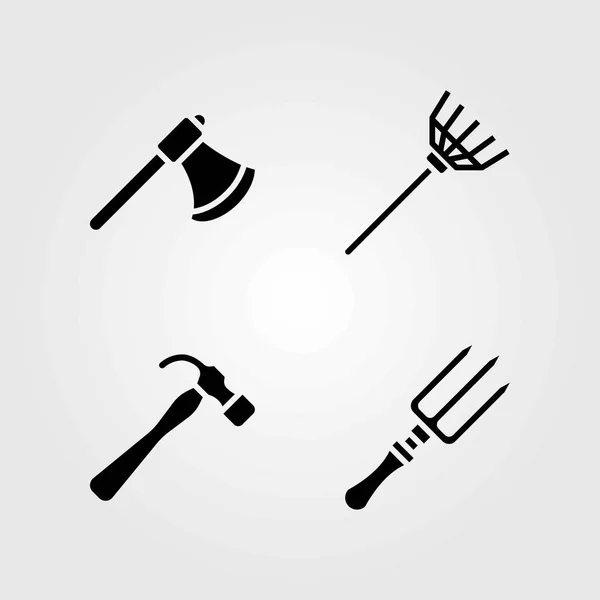 Jardín iconos vectoriales conjunto. hacha, martillo y rastrillo — Vector de stock