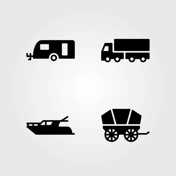 Conjunto de iconos vectoriales de transporte. caravana, yate y camión — Archivo Imágenes Vectoriales