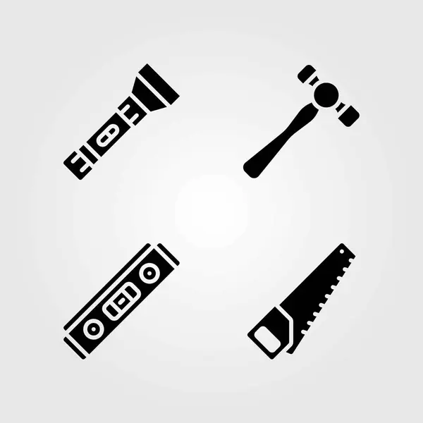 Werkzeuge Vektorsymbole gesetzt. Fackel, Hammer und Handsäge — Stockvektor