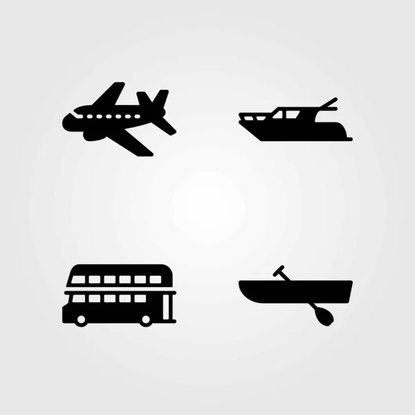 Transport vector icons set. aeroplane, double decker bus and rowing — Stock Vector
