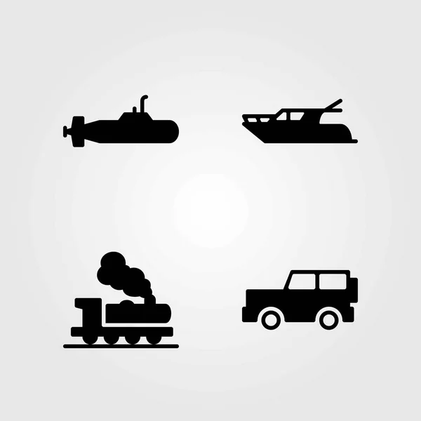 Dopravní vektorové ikony nastavit. ponorka, auta a jeep — Stockový vektor