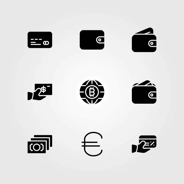 Conjunto de iconos de vector de dinero. euro, tarjeta de crédito y moneda — Archivo Imágenes Vectoriales