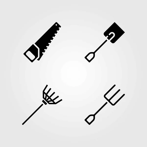 Garden vector icons set. handsaw, fork and rake — Stock Vector