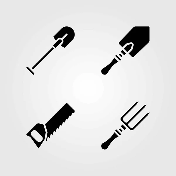 Jardín iconos vectoriales conjunto. sierra de mano, pala y tenedor — Vector de stock
