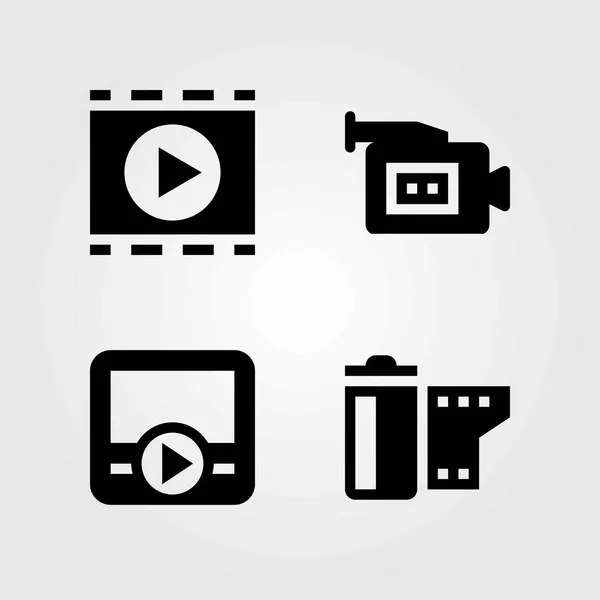 Conjunto de iconos vectoriales tecnológicos. rollo de película, cámara de vídeo y reproductor de películas — Vector de stock