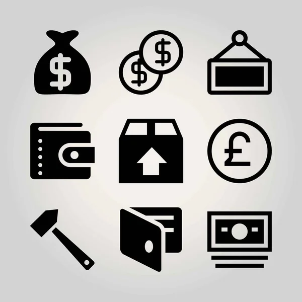 Geschäftsvektorsymbole gesetzt. Zeichen, Pfund Sterling, Geldbeutel und Geldbörse — Stockvektor