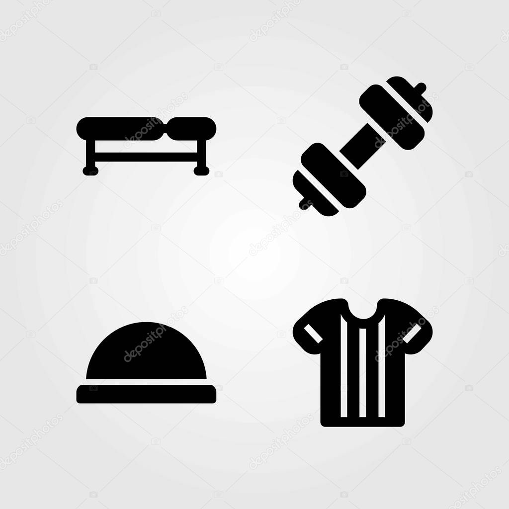 Fitness vector icons set. bosu ball, shirt and bench