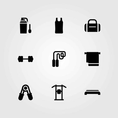 Fitness vektör simgeler kümesi. protein, adım ve spor gömlek