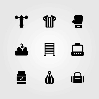 Fitness vektör simgeler kümesi. Bench press, giyim ve boks