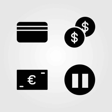 Düğmeleri Icons set vektör. Doları para, Duraklat ve euro