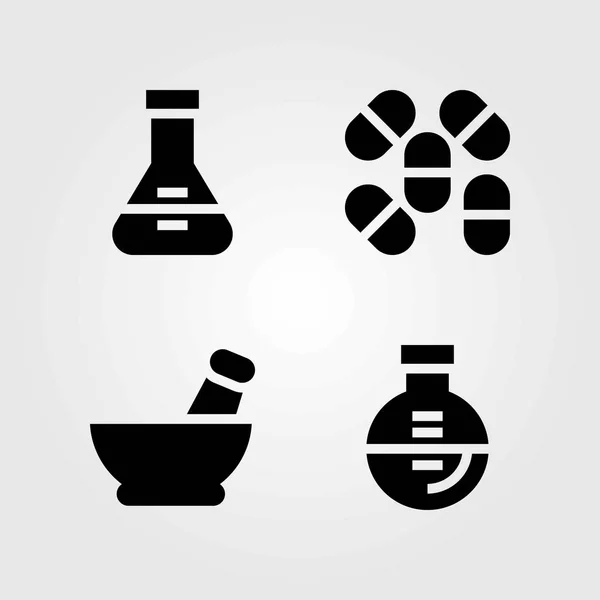 Medical vector icons set. flask, pills and mortar — Stock Vector