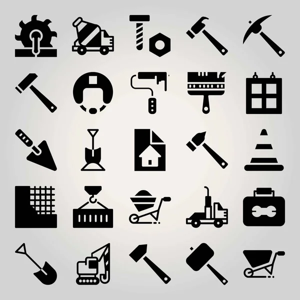 Construction vector icon set. wheelbarrow, shovel, container and truck — Stock Vector