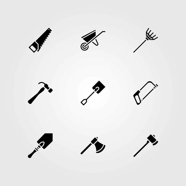 Garden vector icons set. shovel, axe and handsaw — Stock Vector