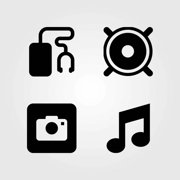 Multimediální vektorové ikony nastavit. hudební přehrávač, fotoaparát a hudební nota — Stockový vektor