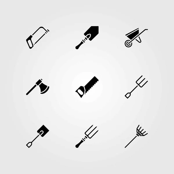 Garden vector icons set. axe, handsaw and spade — Stock Vector