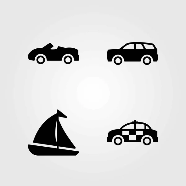 Conjunto de iconos vectoriales de transporte. velero, coche deportivo y coche — Vector de stock