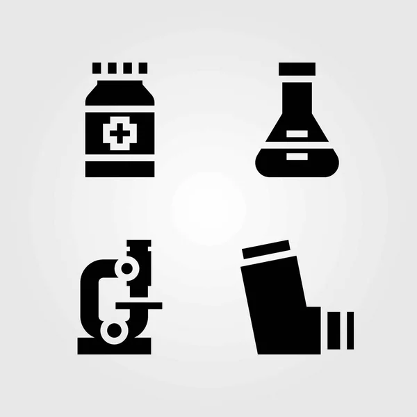 Ensemble d'icônes vectorielles médicales. inhalateur, flacon et microscope — Image vectorielle