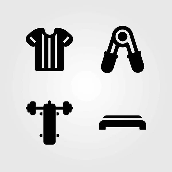 Juego de iconos vectoriales Fitness. camisa deportiva, camisa y escalón de gimnasio — Archivo Imágenes Vectoriales