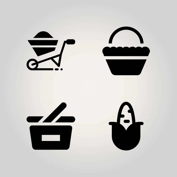 Zemědělství vektor sadu ikon. trakař, nákupní košík, kukuřice a košík — Stockový vektor