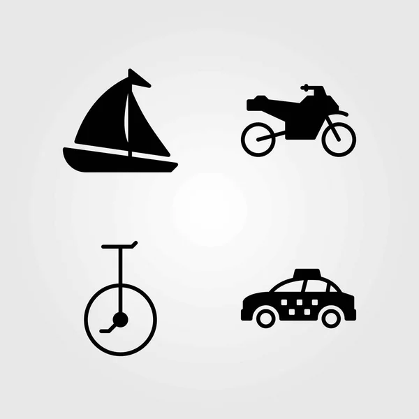 Icone vettoriali di trasporto impostate. moto, barca a vela e monociclo — Vettoriale Stock
