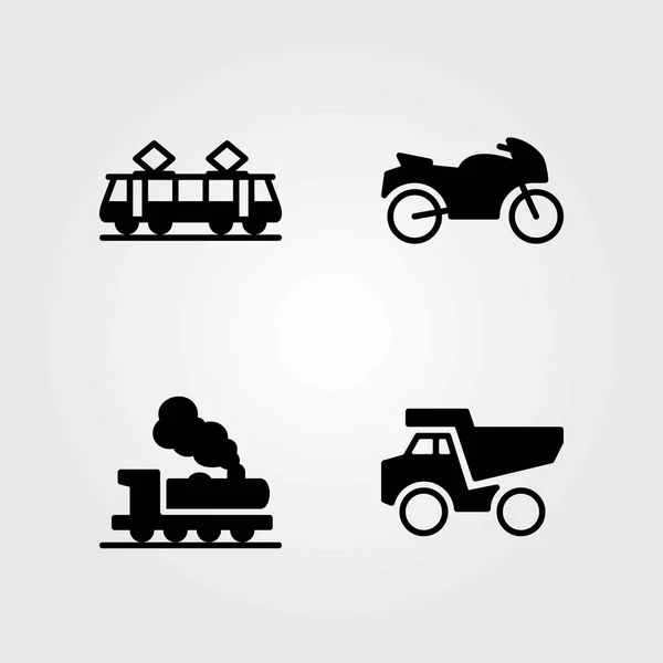Conjunto de iconos vectoriales de transporte. motocicleta, volquete y tren — Vector de stock
