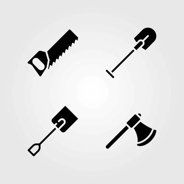 Conjunto de ícones vetoriais de jardim. serra manual, pá e machado — Vetor de Stock