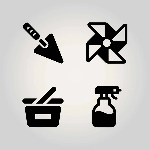 Conjunto de ícones vetoriais de agricultura. cesta de compras, espátula, pinwheel e cesta — Vetor de Stock