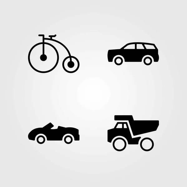 Icone vettoriali di trasporto impostate. dumper, bicicletta e auto sportive — Vettoriale Stock