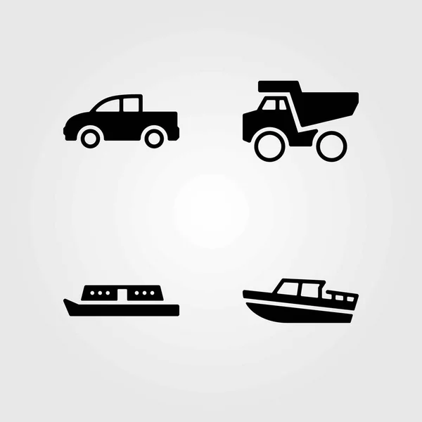 Transport wektor zestaw ikon. Łódź, samochód ciężarowy i pickupa — Wektor stockowy