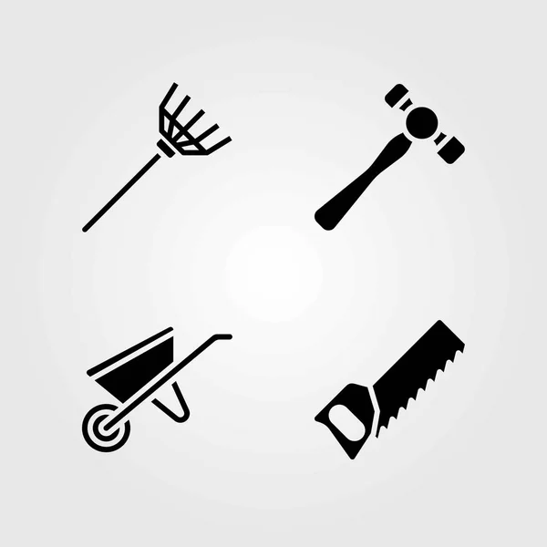 Garten-Vektorsymbole gesetzt. Hammer, Handsäge und Schubkarre — Stockvektor