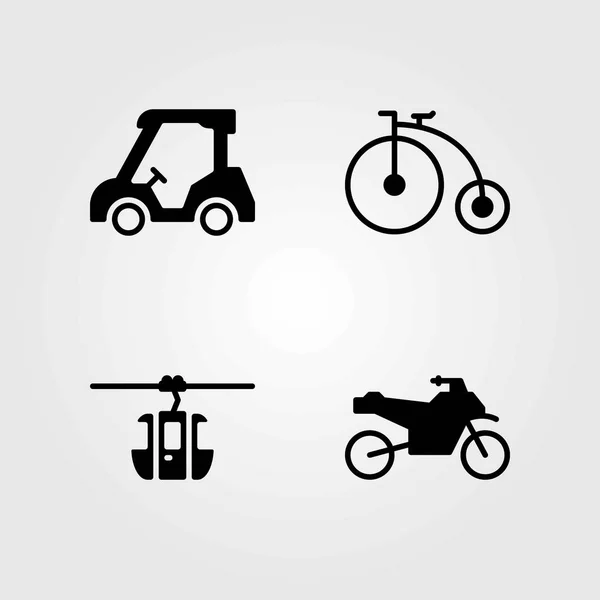 Набір транспортних векторних піктограм. мотоцикл, велосипед і візок для гольфу — стоковий вектор