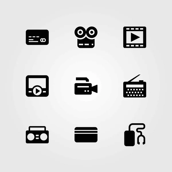 Conjunto de ícones vetoriais de tecnologia. leitor de música, cartão de crédito e câmera de vídeo —  Vetores de Stock
