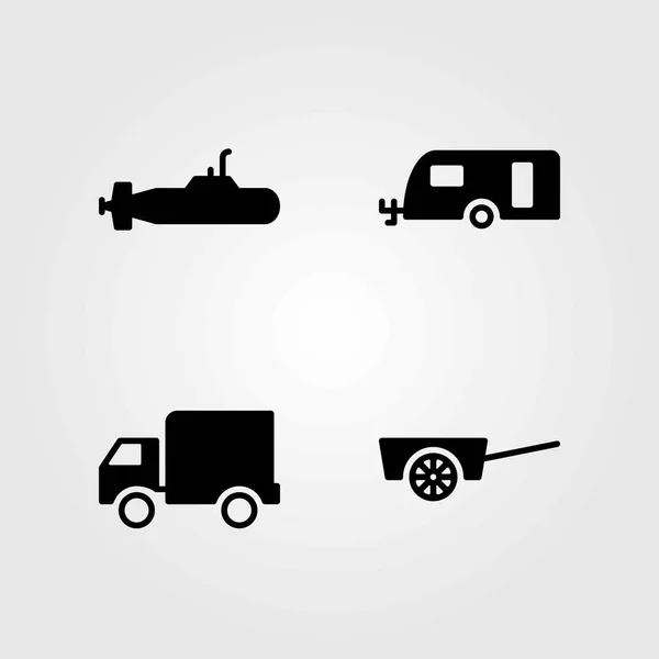Conjunto de iconos vectoriales de transporte. caravana, camión y submarino — Archivo Imágenes Vectoriales