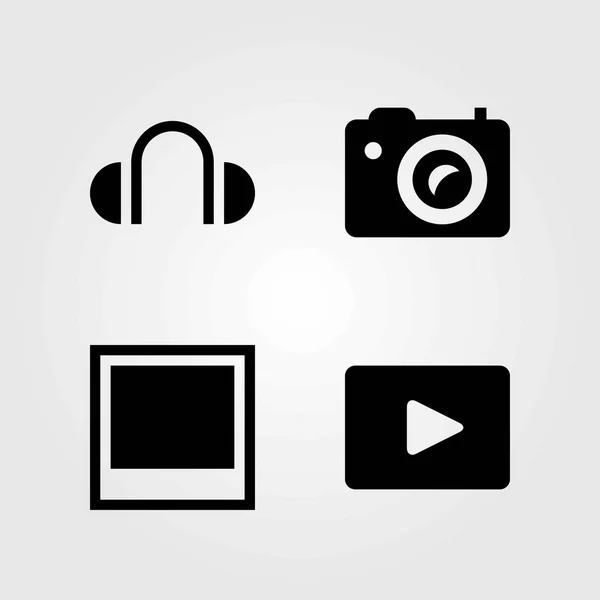 Conjunto de iconos vectoriales multimedia. foto, reproductor de vídeo y cámara fotográfica — Vector de stock