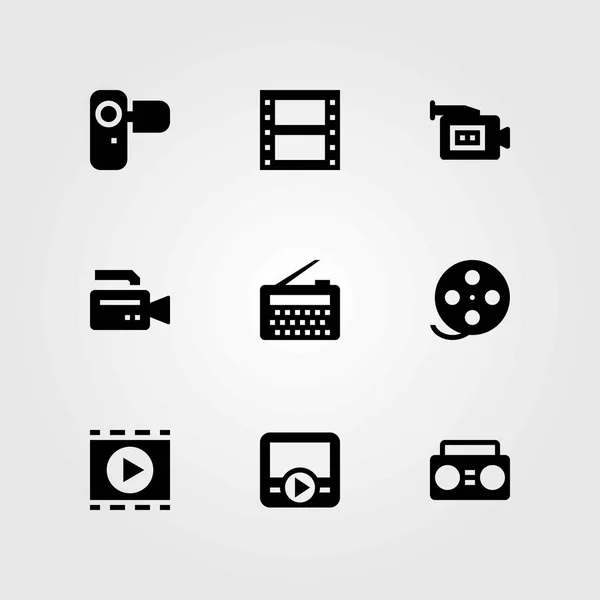 Conjunto de ícones vetoriais de tecnologia. rolo de filme, câmera de vídeo e camcoder —  Vetores de Stock