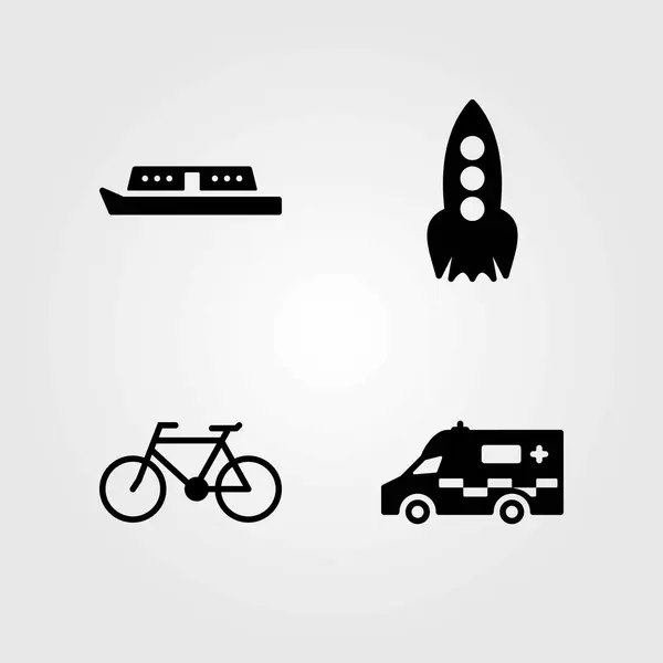 Conjunto de ícones vetoriais de transporte. barco, bicicleta e foguete —  Vetores de Stock