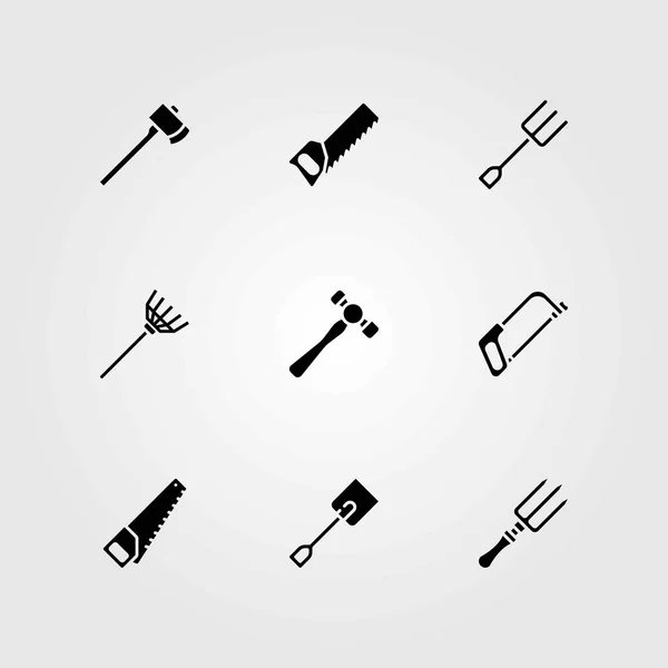 Conjunto de ícones vetoriais de jardim. pá, ancinho e machado — Vetor de Stock