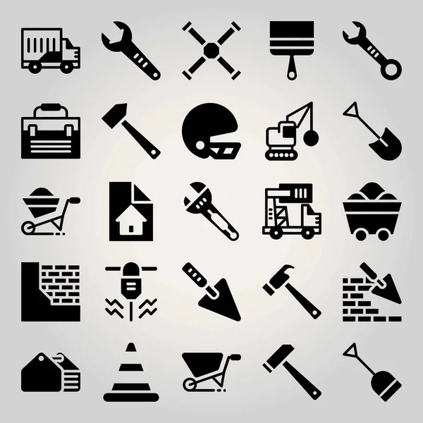 Construction vector icon set. shovel, helmet, paint brush and demolition — Stock Vector