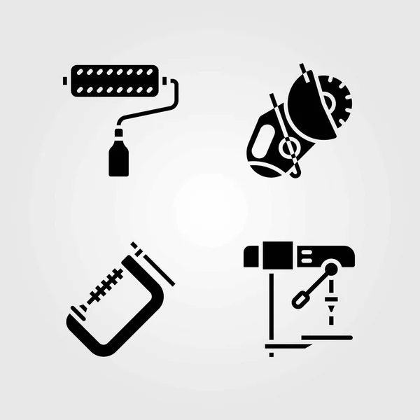 Tools vector icons set. paint roller, power saw and drill — Stock Vector