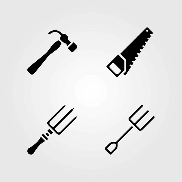 Conjunto de ícones vetoriais de jardim. garfo, serra manual e martelo —  Vetores de Stock