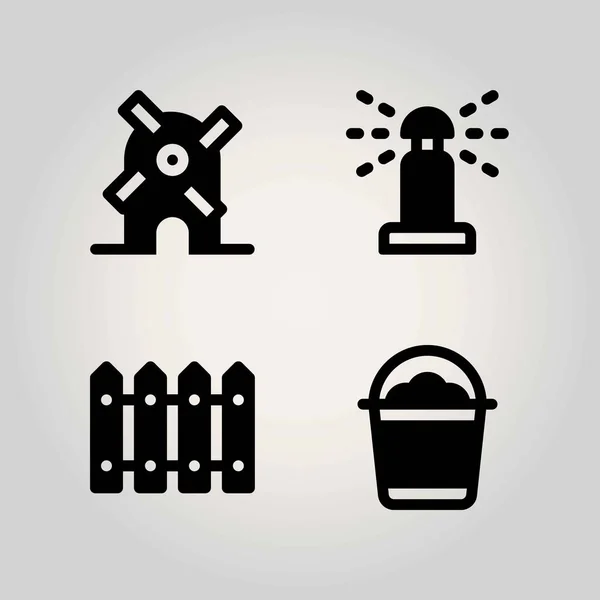 Conjunto de ícones vetoriais Farm. moinho de vento, balde, cerca e polvilhe —  Vetores de Stock